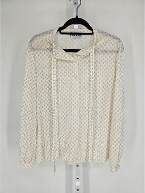 Vintage 1960s ACT III Womens Sz L Button Up Blouse Cream Beige Print